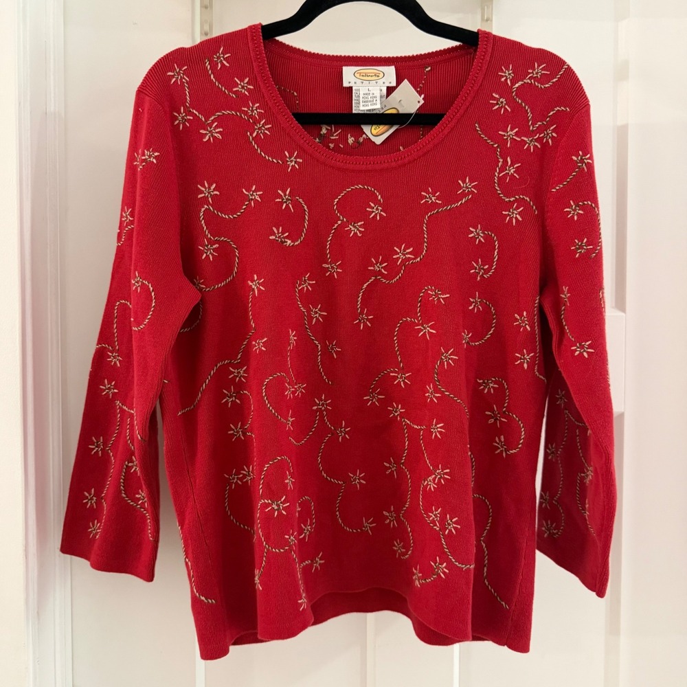 Vintage Talbots Petites Red Cotton Embroidered Floral Vine Sweater NWT Size PL